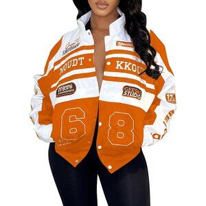 Women Varsity Jacket Motorcycle Racer Detachable Letter Graphic Jackets Orange